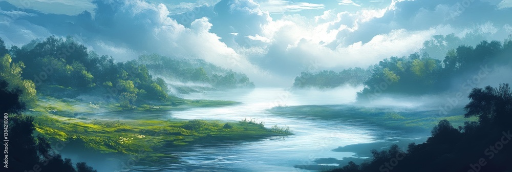 River flows through a forest landscape with fog and cloudy sky. River flows through a forest landscape with fog and cloudy sky.
