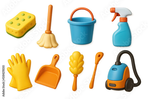 Essential cleaning supplies. 3d icons featuring sponge, mop, bucket, and more
