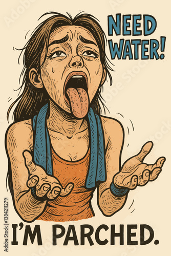 Thirsty Woman Needs Water Showing Tongue After Workout Illustration