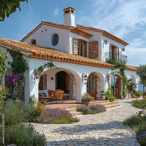 Charming Mediterranean villa with terracotta roof tiles and an arched entrance