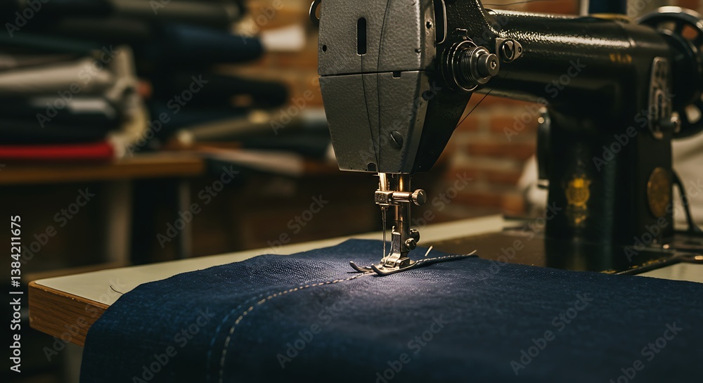 Fototapeta premium Sewing Machine Stitching Dark Blue Fabric with White Thread Line