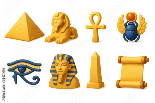 Ancient egypt. 3d icons featuring pyramids, sphinx, ankh, scarab, eye of horus, and more.
