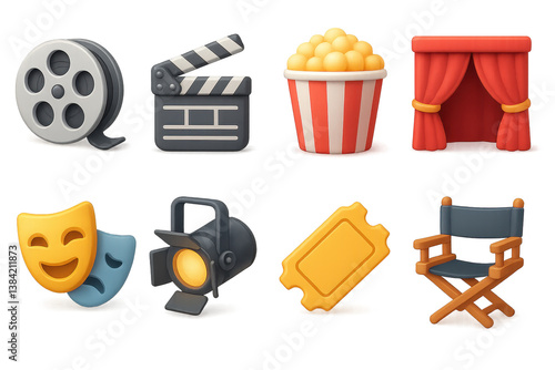 Entertainment icons collection. 3d cinema, theater, popcorn, tickets, director's chair, masks