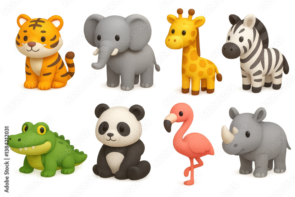 Fototapeta premium Charming 3d animal icons. elephants, tigers, zebras, and more: adorable wildlife art