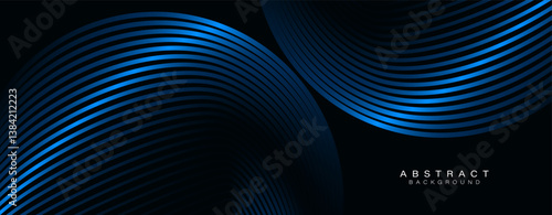 Dark abstract background. Glossy curved lines. Shiny blue metallic gradient stripes. Modern futuristic graphic. Suit for banner, cover, business, corporate, flyer, poster, presentation, website