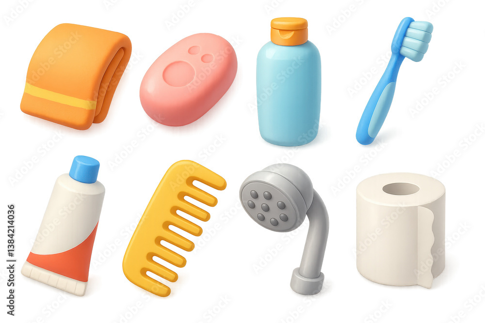 Bathroom essentials: 3d icons for everyday items including soap, shampoo, and toothbrush