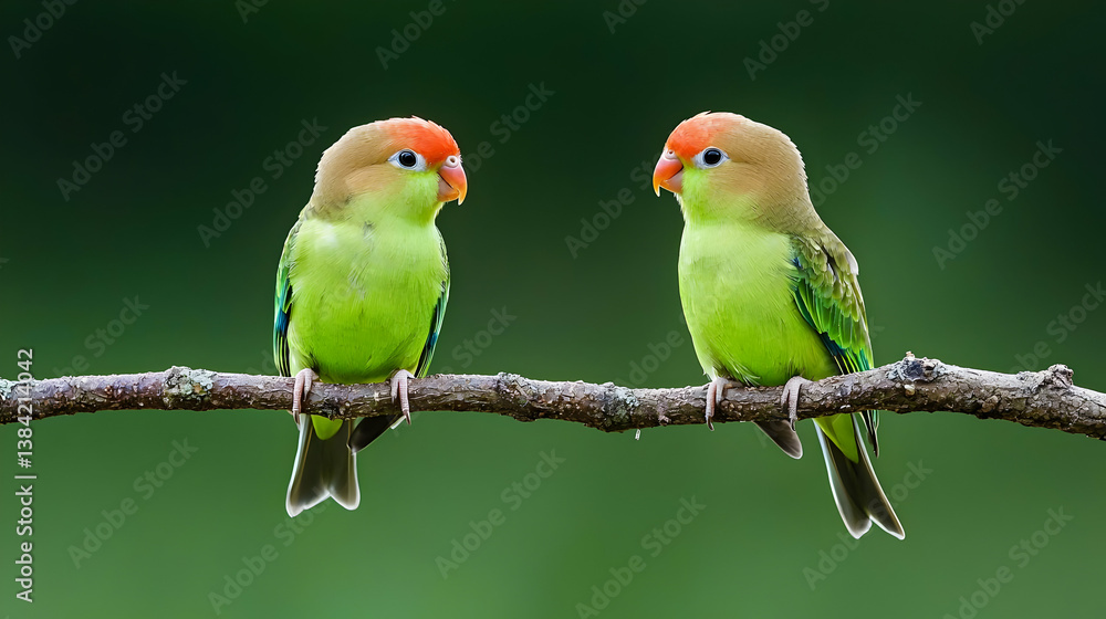 Fototapeta premium Two Green and Orange Parrots Perched on Branch