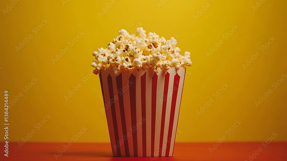 A festive National Popcorn Day background featuring popcorn in a red and white striped bag, against a cheerful yellow and red gradient, macro shot