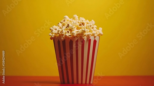 Obraz na płótnie A festive National Popcorn Day background featuring popcorn in a red and white striped bag, against a cheerful yellow and red gradient, macro shot w salonie