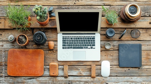 Modern Minimalist Workspace Setup: Laptop, Plants, and Wooden Desk