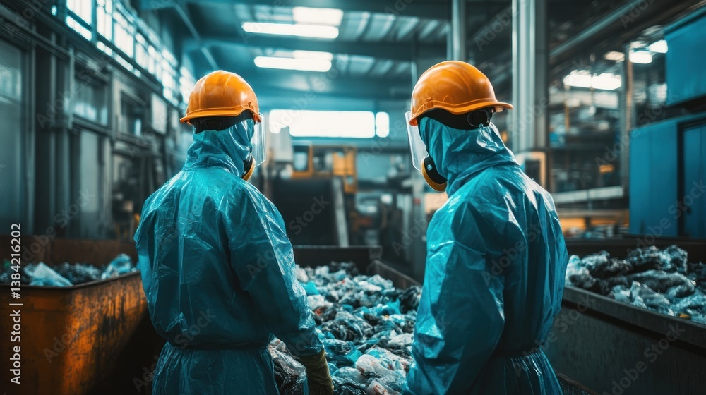 Industrial workers in protective gear inspecting recycled materials Industrial workers in protective gear inspecting recycled materials