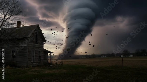 Terrifying tornado sweeps through rural landscape threatening old farmhouse