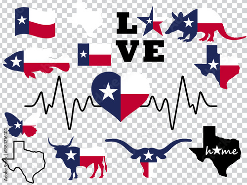Texas Flag Lone Star Longhorn Bull Cow Map Heart Bass Monarch Armadillo Logo Sign Silhouette Shape Clipart Digital Art Illustration