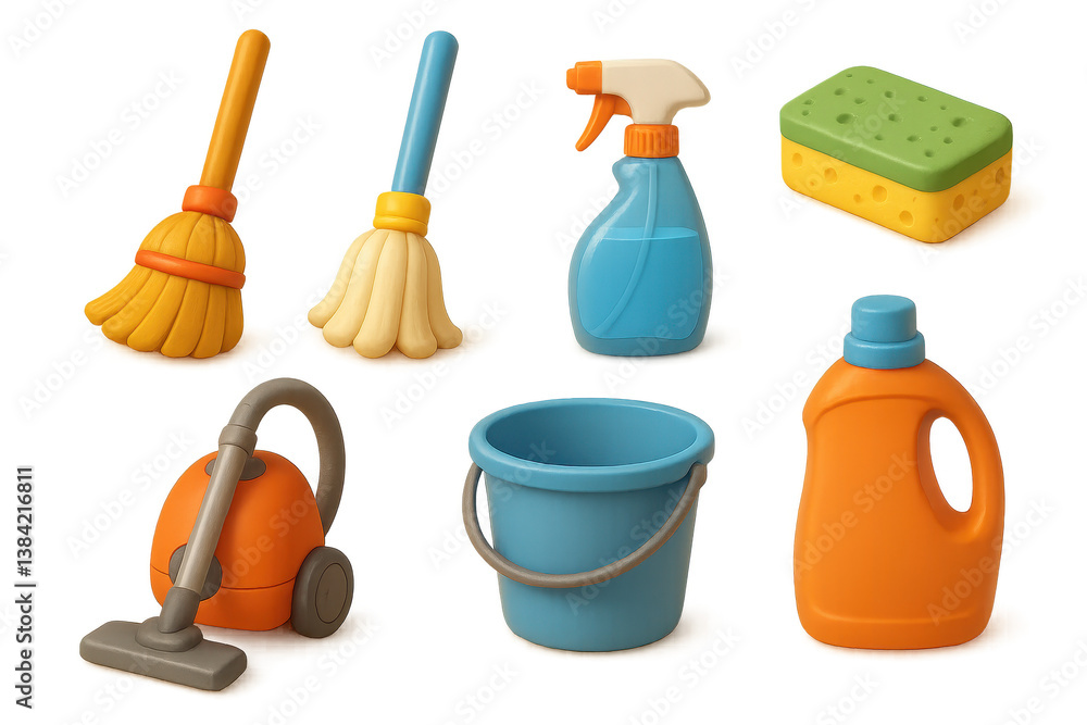 Essential cleaning supplies. 3d icons of mop, spray, sponge, and more