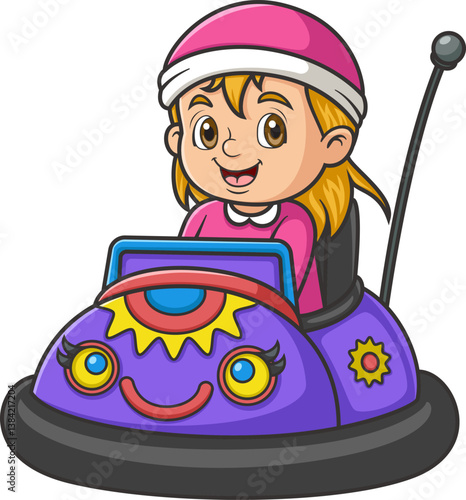 a young girl riding a bumper car
