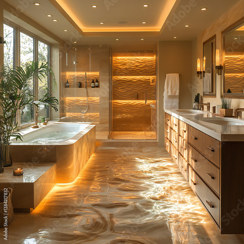 Luxurious bathroom with a spa-like atmosphere, soaking tub, and soft ambient lighting