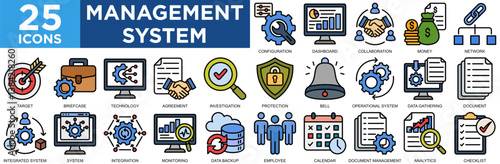 management system, business, technology, system, digital, computer, icon set. Outline icons collection. Simple vector illustration