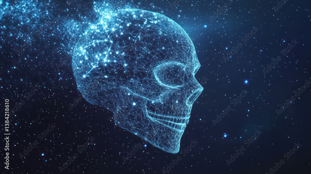 Digital skull dissolving, space backdrop, cosmic design, abstract art Digital skull dissolving, space backdrop, cosmic design, abstract art