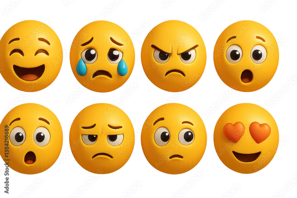 Expressive 3d emotion icons. smiling, crying, angry, surprised, love hearts, neutral faces Expressive 3d emotion icons. smiling, crying, angry, surprised, love hearts, neutral faces
