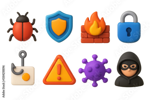 Cybersecurity essentials. 3d icons featuring bug, firewall, lock, virus, hacker, and more