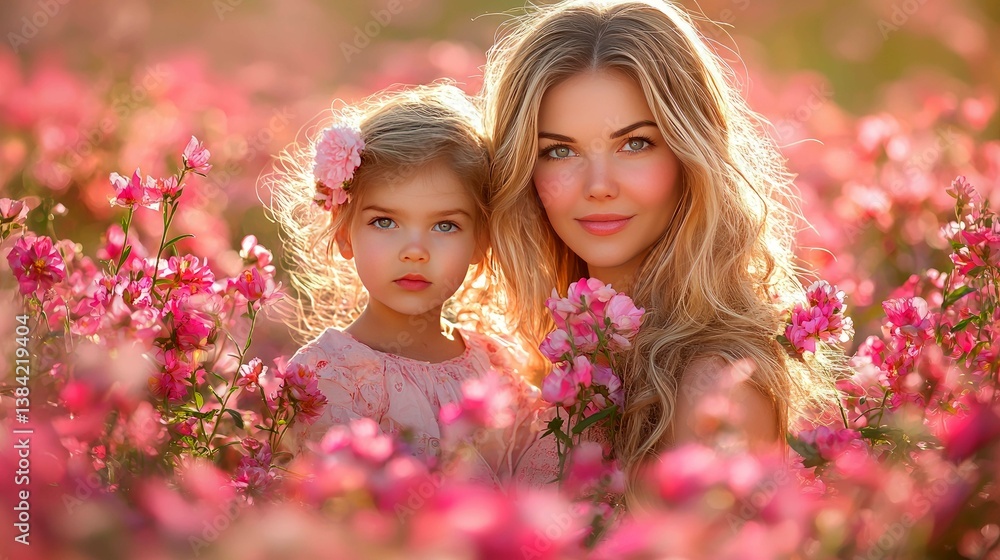 Fototapeta premium Mother and Daughter in a Pink Flower Field: A Beautiful Moment of Love and Connection
