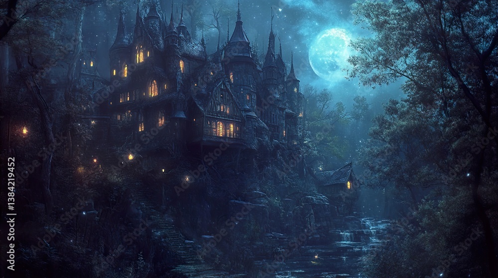 Fototapeta premium Enchanted Castle in the Dark Forest at Night