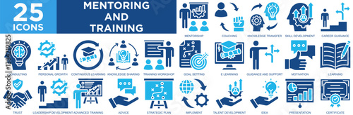 mentoring and training, team, business, training, workshop, education, icon set. Outline icons collection. Simple vector illustration
