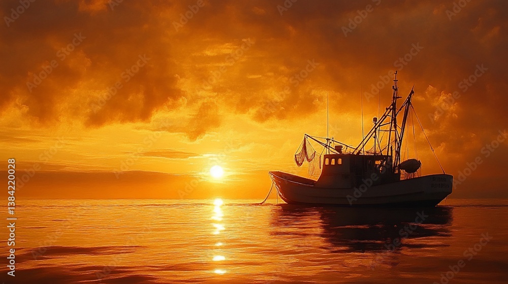 Fishing boat at sunset, ocean calm, fiery sky Fishing boat at sunset, ocean calm, fiery sky