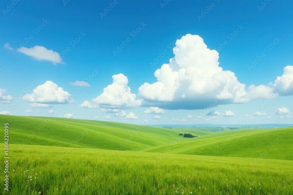 Blue sky with large white cloud formations floating gently over vast open fields and rolling hills, blue sky, countryside Blue sky with large white cloud formations floating gently over vast open fields and rolling hills, blue sky, countryside