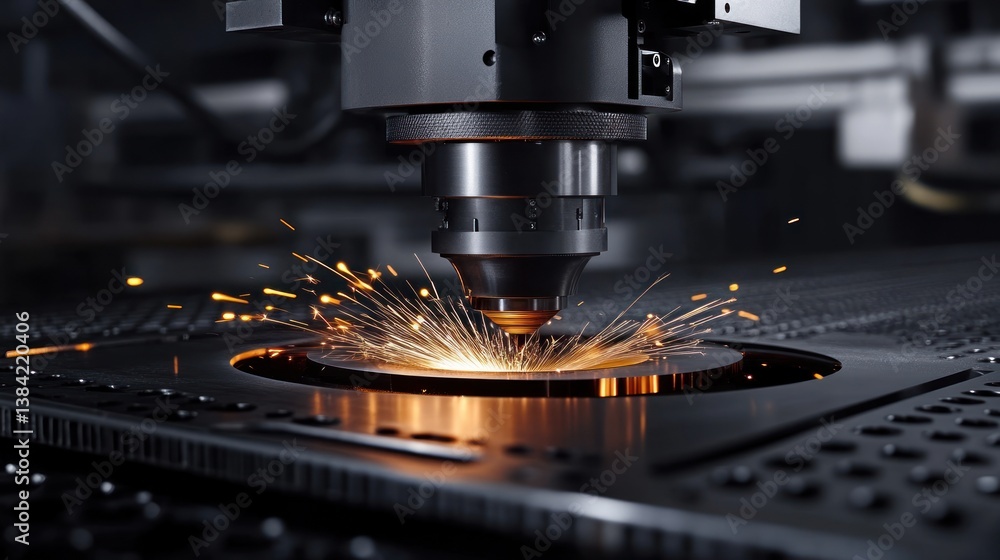 Laser cutting machine in action. Sparks fly as metal is cut Laser cutting machine in action. Sparks fly as metal is cut