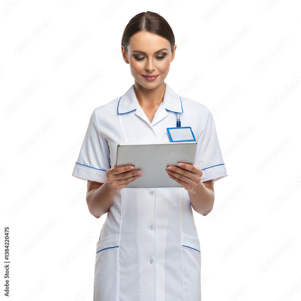 Female Nurse in Uniform Using Tablet with White Background