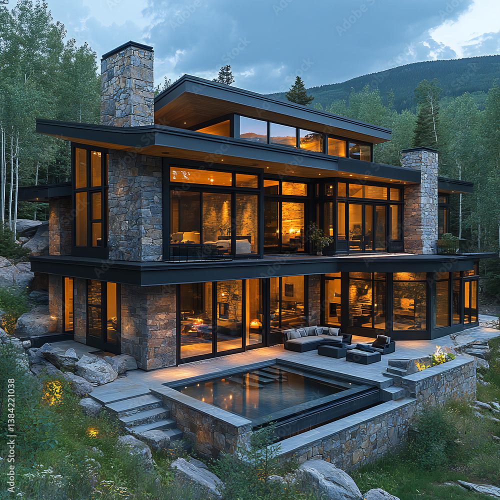 Obraz premium Modern mountain retreat with sleek architecture and large, panoramic windows