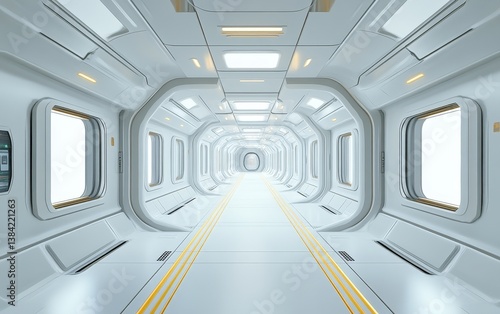 Fototapeta Naklejka Na Ścianę i Meble -  Futuristic corridor, spacious and clean.  Interior of a spaceship or advanced facility.  Bright, sterile, and technologically advanced