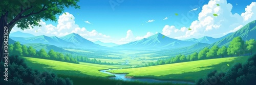 Tranquil Valley Landscape, Anime Inspired Style