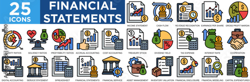 financial statements, business, financial, report, analysis, accounting, icon set. Outline icons collection. Simple vector illustration