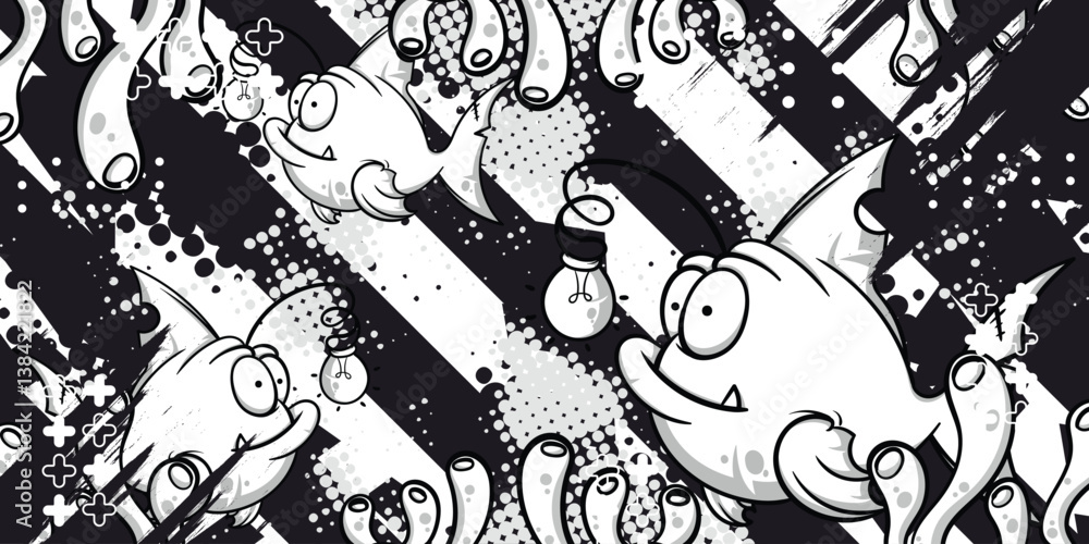 Black and white abstract grunge background with vector fish objects Black and white abstract grunge background with vector fish objects