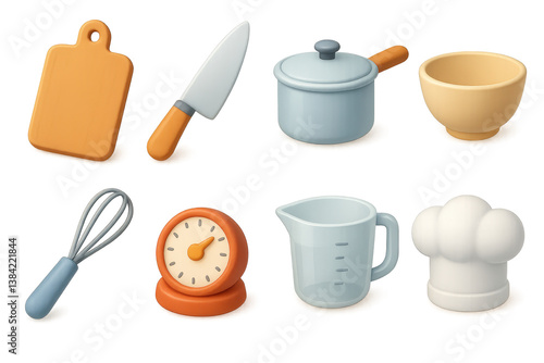 Essential cooking tools. 3d icons featuring knife, pot, cutting board, and more