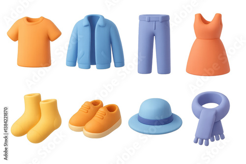 3d clothing icons. t-shirt, jacket, pants, dress, socks, shoes, hat, scarf collection