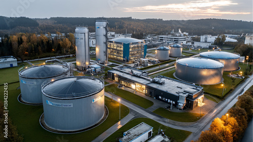 Industrial biogas facility with large tanks, methane gas production from organic waste for sustainable power generation