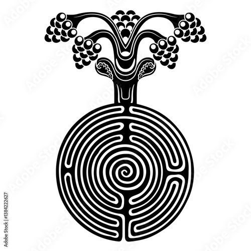 Blooming tree with fruit branches sprouting from a round spiral maze or labyrinth symbol. Creative philosophical concept. Black and white silhouette.