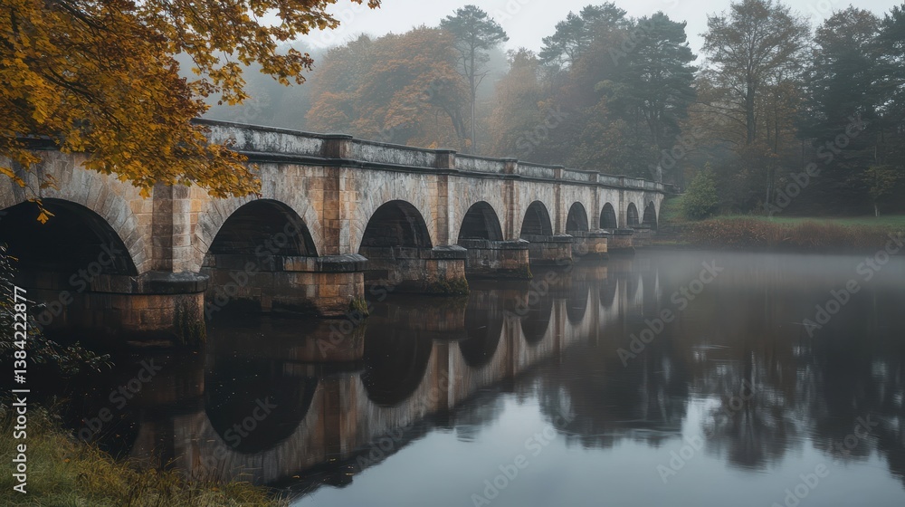 Fototapeta premium Autumnal stone bridge reflecting in misty river, park background, tranquil scene