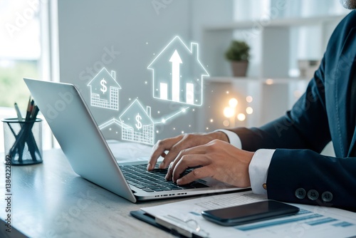Real estate investment concept. Man touch virtual house icon for analyzing mortgage loan home and insurance real property mortgage. interest rate, Investment planning, business real estate.