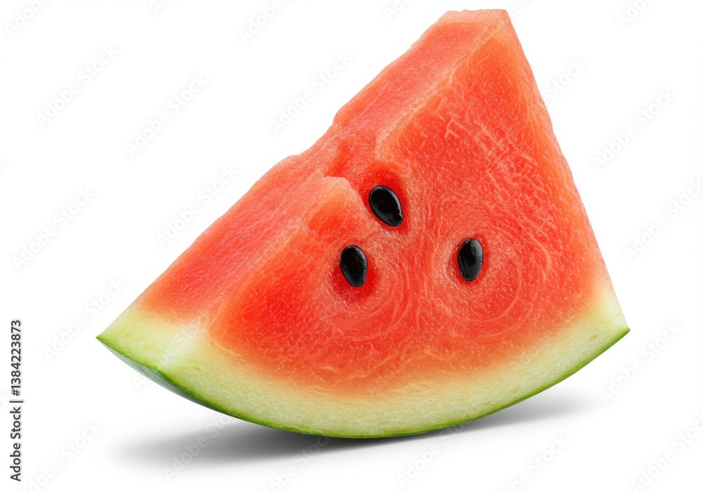 A close up of a slice of watermelon with seeds on a white background in studio lighting view A close up of a slice of watermelon with seeds on a white background in studio lighting view