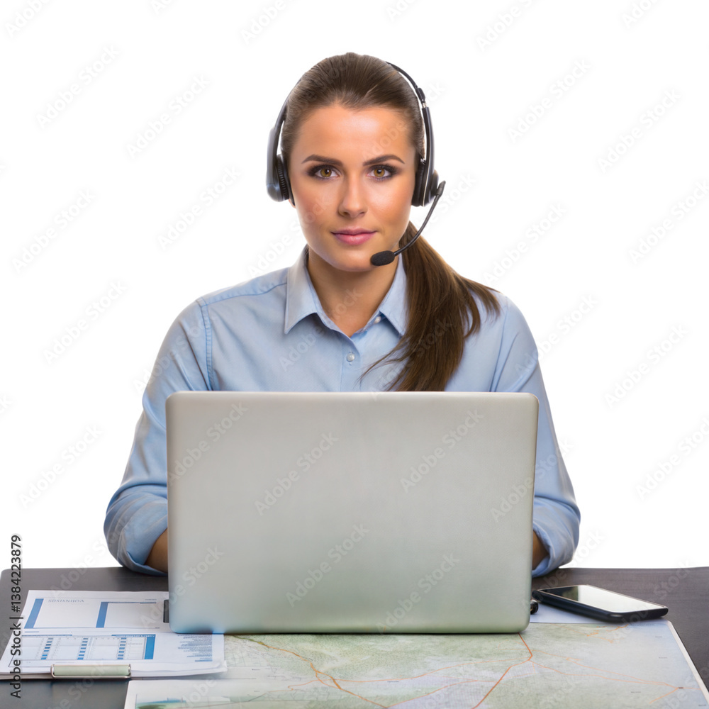 Professional Female Logistics Executive with Headset in Office Setting Professional Female Logistics Executive with Headset in Office Setting