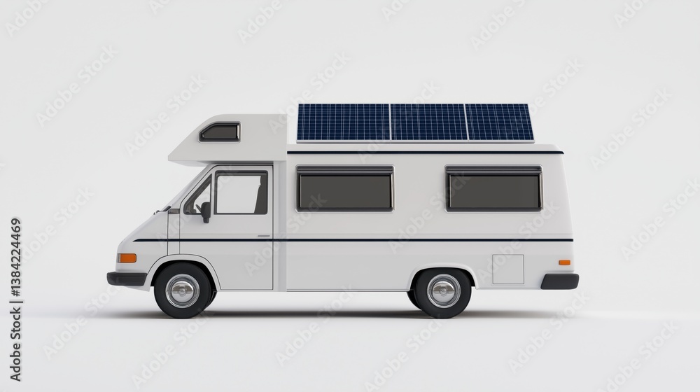 3d model of a white camper van with glossy blue solar panels on the roof, 3d model of a white camper van with glossy blue solar panels on the roof,