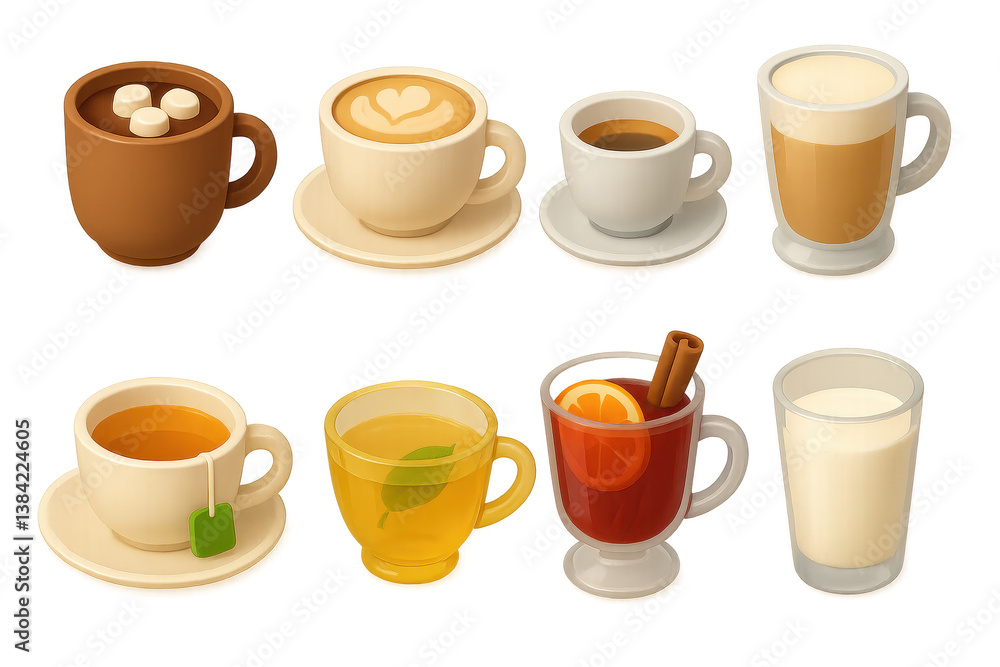 Cozy drinks collection. 3d icons of coffee, tea, and more Cozy drinks collection. 3d icons of coffee, tea, and more