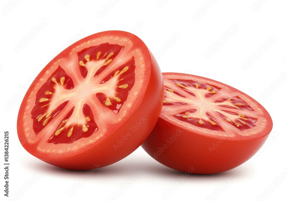 Two halves of a ripe red tomato showcasing the juicy interior and seeds on a clean white background surface Two halves of a ripe red tomato showcasing the juicy interior and seeds on a clean white background surface