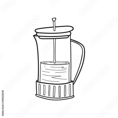 French press coffee maker. Glass teapot. Hand drawn illustration in vintage engraved style, isolated on white background.