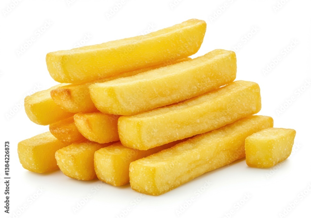 A close up shot showing a pile of golden yellow french fries on a plain white background surface view A close up shot showing a pile of golden yellow french fries on a plain white background surface view