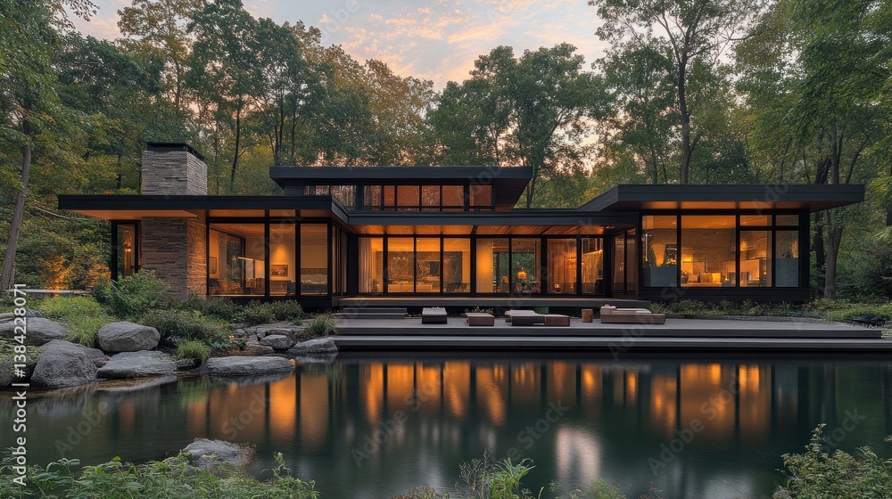 Obraz premium Modern house evening reflection on pond